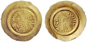 THE LOMBARDS 
 Liutprand, 717-744 
 Tremissis 717-744, AV 1.29 g. DN LIV – PRDN RX (RX ligate) Pearl-diademed, draped and cuirassed bust r.; in r. f...