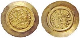 THE LOMBARDS 
 Liutprand, 717-744 
 Tremissis 717-744, AV 1.29 g. DI LV – TRP RX (RX ligate) Pearl-diademed, draped and cuirassed bust r.; before he...