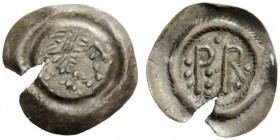 THE LOMBARDS 
 Unscribed with monogram of PER (for Pectarit, 672-688) 
 Half siliqua end 7th century, AR 0.29 g. Diademed head r. Rev. PRX (monogram...