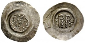 THE LOMBARDS 
 Unscribed with monogram of PER (for Pectarit, 672-688) 
 Half siliqua end 7th century, AR 0.27 g. Diademed head r. Rev. PRX (monogram...