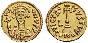 THE LOMBARDS 
 Liutprand, 751-758 
 Liutprand alone, 756-757. In the name of Justinian II, 685-711, with types of Anastasius II, 713-715 . Solidus 7...