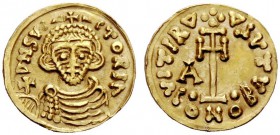 THE LOMBARDS 
 Arichis II, 758-787 
 With the title of Duke. Tremissis, 765-774 AV 1.32 g. DN SVI – + – CTORIA Crowned, draped and bearded bust faci...