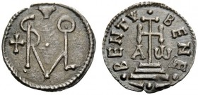 THE LOMBARDS 
 Grimoald III, 788-806 
 Denar 792-806, AR 1.21 g. Monogram of Grimoald: in l. field, cross. Rev. BENE &#159; – &#159; BENTV Cross pot...