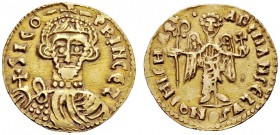 THE LOMBARDS 
 Sico, 817-832 
 With the title of Princeps . Solidus 817-832, AV 3.68 g. SICO – + – PRINCES Crowned, draped and bearded bust facing, ...