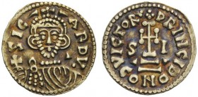 THE LOMBARDS 
 Sicard, 832-839 
 With the title of Princeps . Solidus 832-839, AV 3.59 g. SIC – + – ARDV Crowned, draped and bearded bust facing, ho...