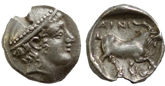 Thrace, Ainos, 408 - 406 BC
Silver Diobol, 12mm, 1.26 grams
Obverse: Head of H...