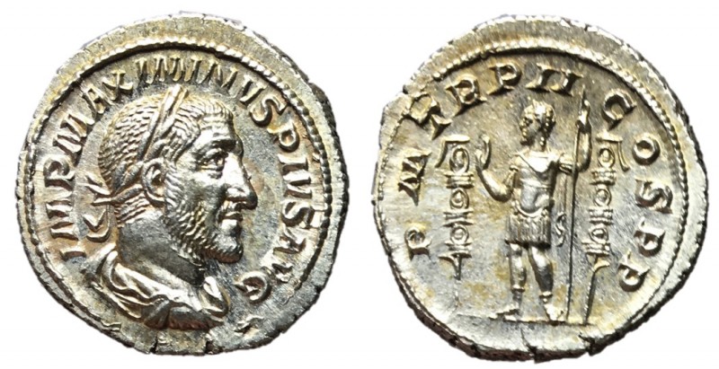 Maximinus, 235 - 238 AD
Silver Denarius, Rome Mint, 20mm, 2.78 grams
Obverse: ...