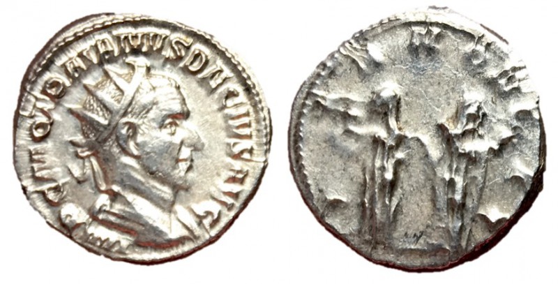 Trajan Decius, 249 - 251 AD
Silver Antoninianus, Rome Mint, 22mm, 3.57 grams
O...