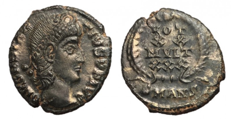 Constantius II, 337 - 361 AD
AE Follis, Antioch Mint, 16mm, 1.59 grams
Obverse...