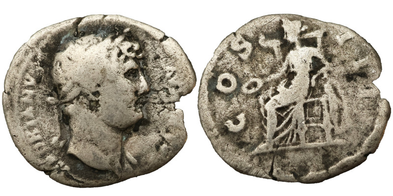 Hadrian AR Denarius, 128-130 AD. Obv: HADRIANVS AVGVSTVS P P: Head of Hadrian, l...