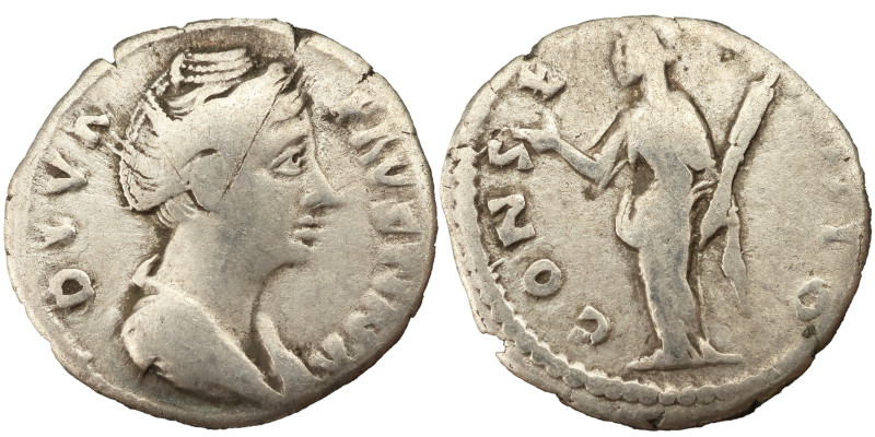 Faustina the Elder AR Denarius, 141 AD. Obv: DIVA FAVSTINA: Bust of Faustina the...