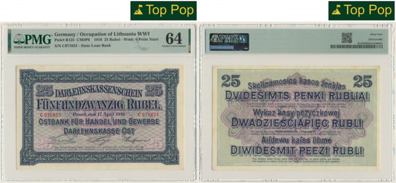 Posen, 25 Rubles 1916 - C - PMG 64 - RARE A very rare banknote in UNC condition....