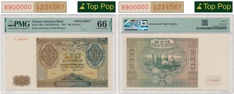 100 złotych 1941 WZÓR - A 8900000/A 1234567 - PMG 66 EPQ - OGROMNA RZADKOŚĆ Ofer...