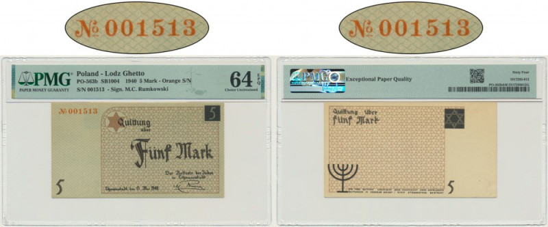 5 Mark 1940 - orange serial number - PMG 64 EPQ - cardboard paper Numbered in or...