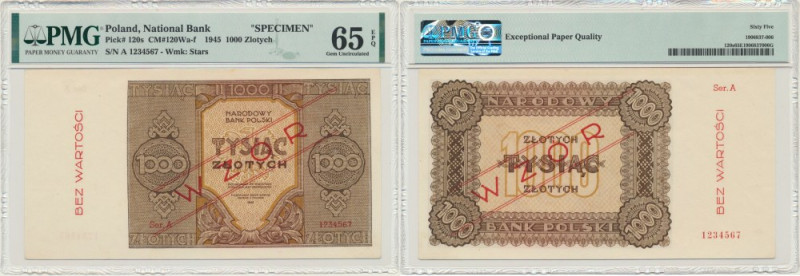 1.000 złotych 1945 - WZÓR - A. 1234567 - PMG 65 EPQ Wariant wzoru oznaczony seri...