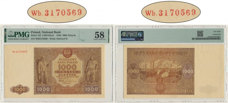 1.000 złotych 1946 - Wb. - PMG 58 - SERIA ZASTĘPCZA Rzadka odmiana oznaczona ser...