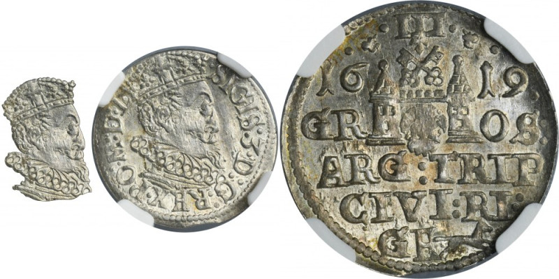 Sigismund III Vasa, 3 Groschen Riga 1619 - NGC MS63 - RARE Rare variety with a s...