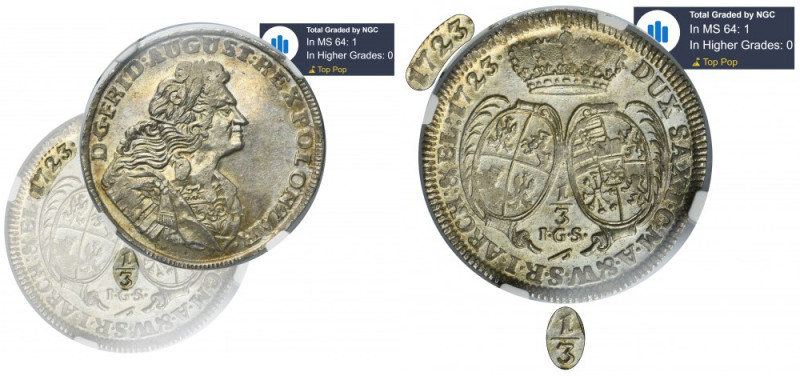 Augustus II the Strong, 1/3 Thaler Dresden 1723 IGS - NGC MS64 - VERY RARE Very ...