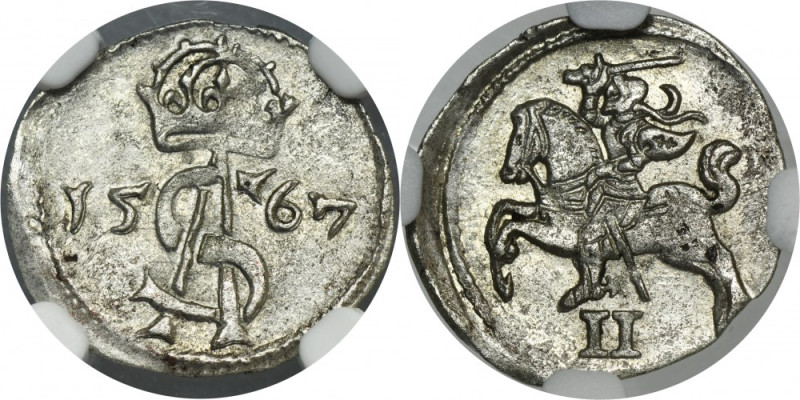 Sigismund II August, 2 Denarius Vilnius 1567 - NGC MS62 Variety with the Lithuan...