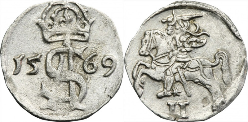 Sigismund II August, 2 Denarius Vilnius 1569 Variety with theLithuanian coat of ...