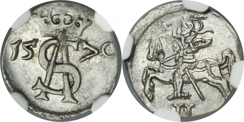 Sigismund II August, 2 Denarius Vilnius 1570 - NGC MS62 Variety with the horse's...