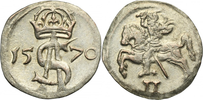 Sigismund II August, 2 Denarius Vilnius 1570 Variety with the horse's tail bent ...