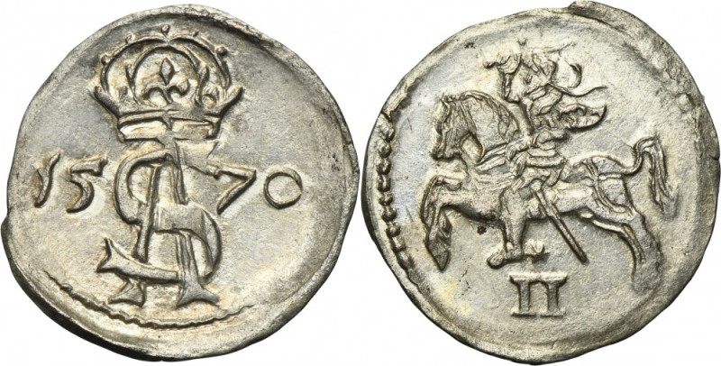 Sigismund II August, 2 Denarius Vilnius 1570 Variety with the horse's tail bent ...