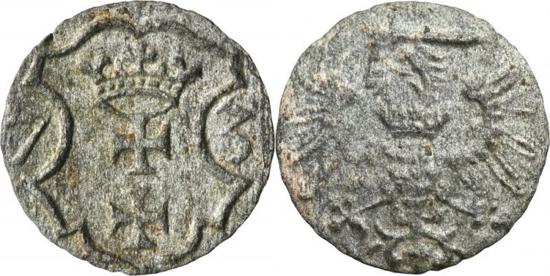 Interregnum, Denarius Danzig 1573 Variety&nbsp;with a shield made of 12 arcs. Co...