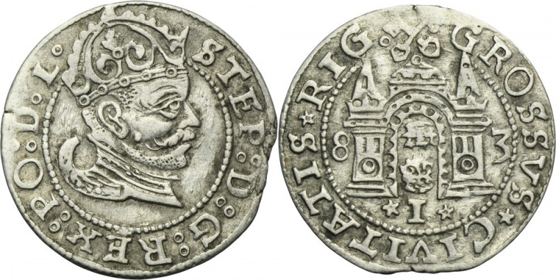 Stephen Bathory, Groschen Riga 1583 - L Variety with obverse legend ending with ...