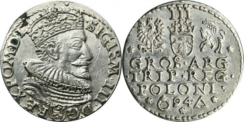 Sigismund III Vasa, 3 Groschen Marienburg 1594 Variety with an abbreviated date ...