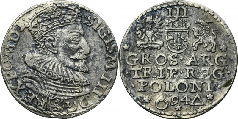 Sigismund III Vasa, 3 Groschen Marienburg 1594 Variety with an abbreviated date ...