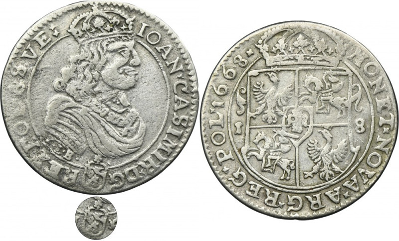 John II Casimir, 1/4 Thaler Bromberg 1668 TLB - RARE Variety with coat of arms o...