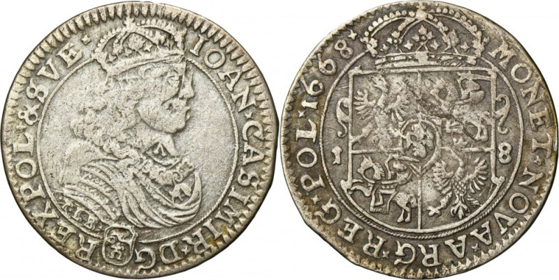 John II Casimir, 1/4 Thaler Bromberg 1668 TLB Variety with coat of arms of John ...