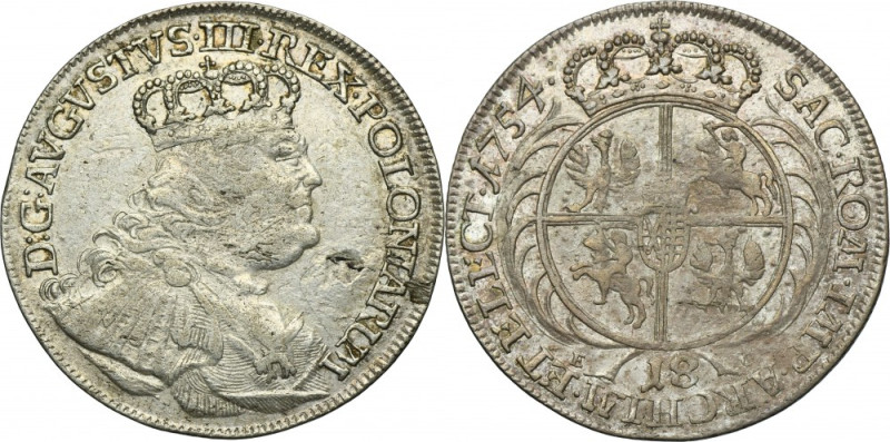 Augustus III of Poland, 1/4 Thaler Leipzig 1754 EC - RARE Rare variety with a cr...