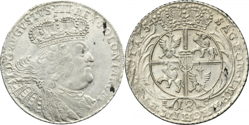 Augustus III of Poland, 18 Groschen Leipzig 1754 EC Variety with a wide bust of ...