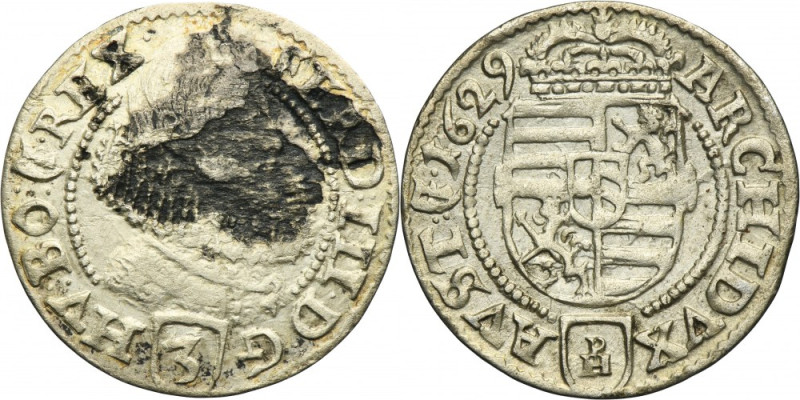 Silesia, Habsburg rule, Ferdinand III, 3 Kreuzer Glatz 1629 PH Variety with init...