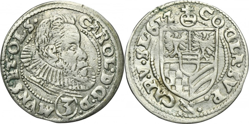 Silesia, Duchy of Münsterberg-Oels, Karl II, 3 Kreuzer Oels 1612 Variety with bu...