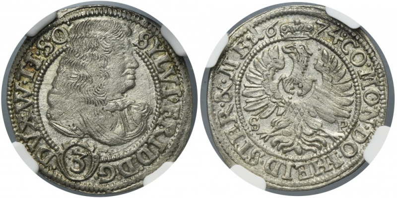 Silesia, Duchy of Oels, Silvius II Friedrich, 3 Kreuzer Oels 1674 SP - NGC UNC D...