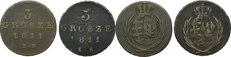 Lot, Duchy of Warsaw, 3 Groschen Warsaw 1811 (2 pcs.) Lot of two coins of Duchy ...