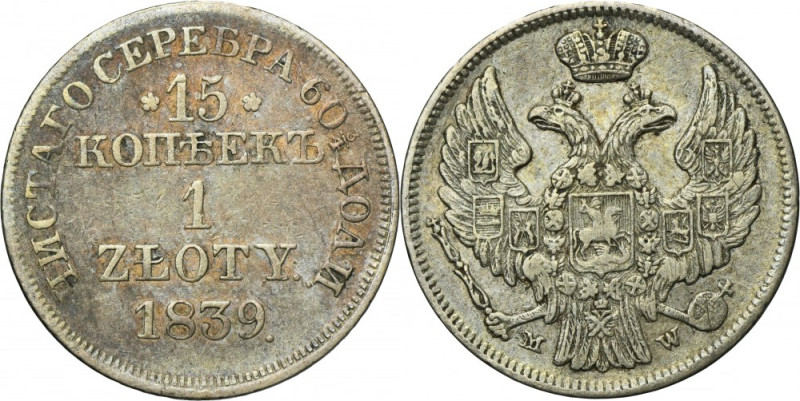 15 kopeck = 1 zloty Warsaw 1839 MW Variety with a dot after the date, with a nor...