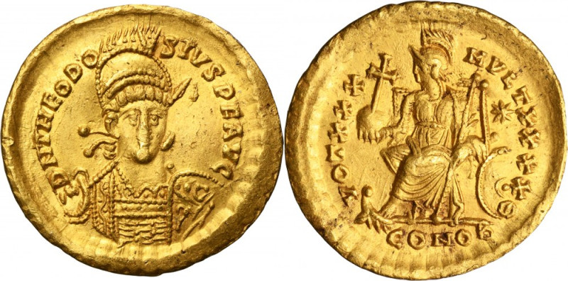 Roman Imperial, Theodosius II, Solidus Mint luster on both sides. Slightly wavy....