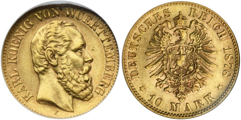 Germany, Württemberg, Karl von Württemberg, 10 Mark Stuttgart 1878 F Coin in GCN...