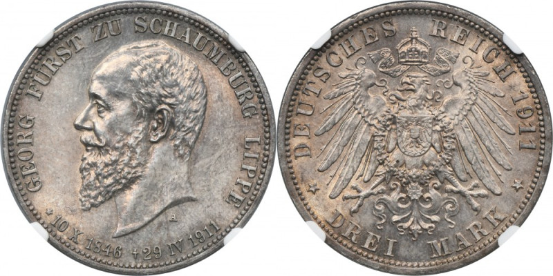 Germany, Principality of Schaumburg-Lippe, Georg, 3 Mark Berlin 1911 A - NGC MS6...