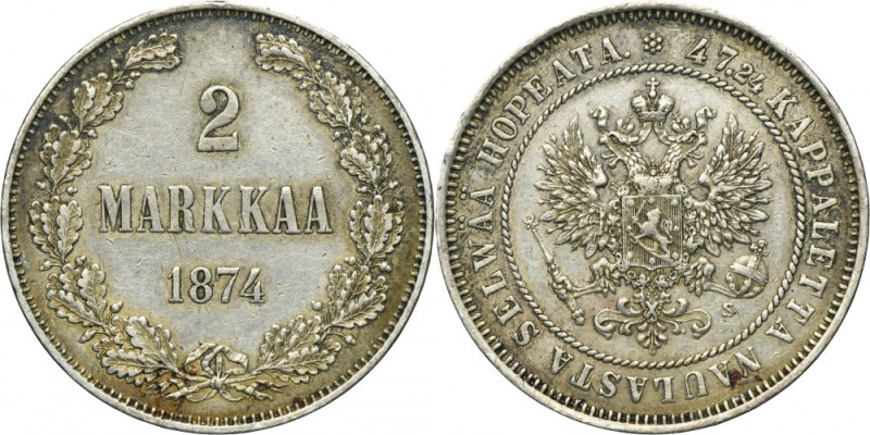 Finland Autonomy, Alexander II, 2 Markka Helsinki 1874 Silver '868'. Srebro prób...