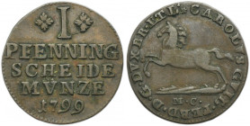 Germany, Duchy of Braunschweig-Wolfenbüttel, Karl Wilhelm Ferdinand, 1 Pfennig Zellerfeld 1799 MC