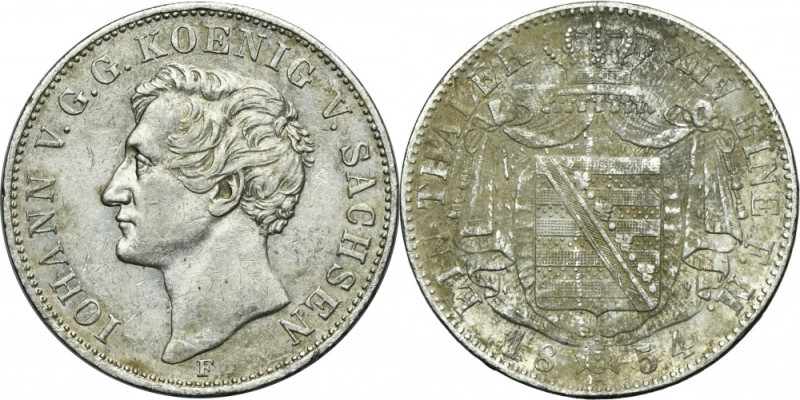 Germany, Saxony, Johann V, Thaler Dresden 1854 F - RARE Rare thaler. Variety wit...