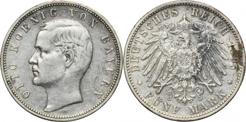 Germany, Bavaria, Otto, 5 Mark Munich 1895 D Silver '900'. Srebro próby '900'. R...