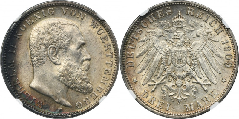 Germany, Kingdom of Württemberg, Wilhelm II, 3 Mark Stuttgart 1909 F - NGC MS61 ...