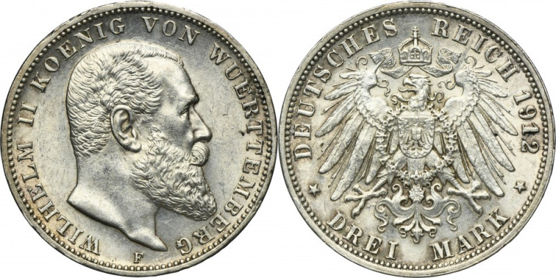 Germany, Kingdom of Württemberg, Wilhelm II, 3 Mark Stuttgart 1912 F Silver '900...