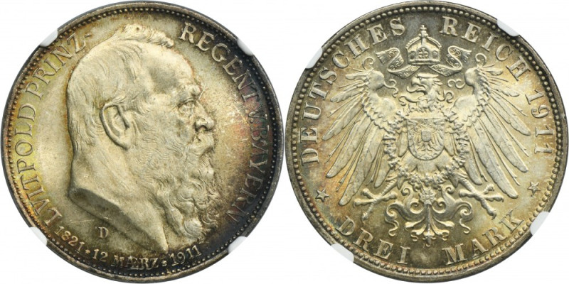 Germany, Bavaria, Regent Luitpold, 3 Mark Munich 1911 D - NGC MS66 Issue minted ...